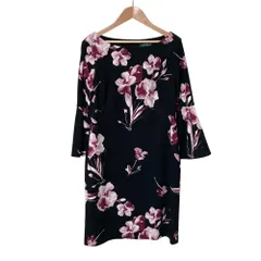 美品 LAUREN RALPH LAUREN ローレンラルフローレン フラワープリント ミニワンピース サイズ2 ブラック レディース 古着 中古 USED