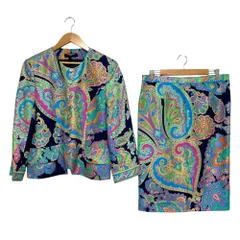 美品 レオナールファッション シルク ペイズリー ジャガード ジャケット タイトスカート セットアップ 11AR ブルー ネイビー レディース 古着 中古 USED