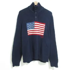 良品 Polo by RALPH LAUREN ポロバイラルフローレン 星条旗 ハイネック ニット セーター Mサイズ ネイビー  メンズ 古着 中古 USED