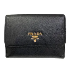 良品 PRADA プラダ サフィアーノレザー 二つ折り財布 1MH523 ブラック ピンク レディース 古着 中古 USED