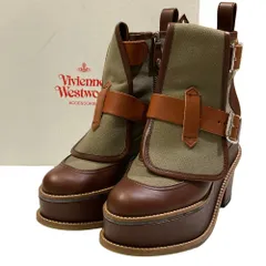 美品 Vivienne Westwood ヴィヴィアンウエストウッド キャンバス レザー ショートブーツ SIZE38 24cm相当 カーキ ブラウン レディース 古着 中古 USED