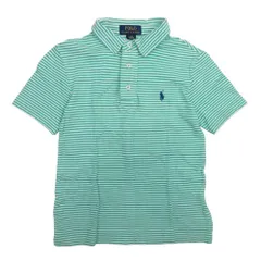 美品 POLO RALPH LAUREN ポロラルフローレン ロゴ刺繍 半袖 ボーダー ポロシャツ カットソー 140 グリーン ホワイト キッズ 古着 中古 USED