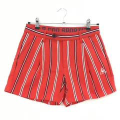 【美品】ルコックゴルフ ショートパンツ レッド×ネイビー ストライプ ロゴ刺しゅう ストレッチ レディース 9 ゴルフウェア le coq sportif