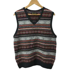 ビームス BEAMS ベスト ニット プルオーバー Vネック 総柄 ウール L 赤 グレー レッド