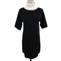 レディ Rady ワンピース チュニック ニット Iライン ミニ タートルネック バイカラー パール 無地 五分袖 M 黒 白 ブラック ホワイト