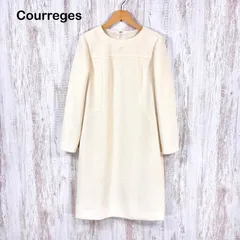 美品 Courreges クレージュ ワンポイントロゴ刺繡 パイル 長袖 ワンピース オフホワイト
