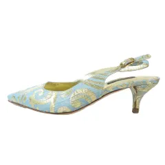 新品同様 DOLCE&GABBANA ドルチェアンドガッバーナ スリングバック 総柄 ポインテッドトゥ パンプス ローヒール 青 ゴールド 36 レディース 古着 中古 USED