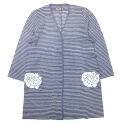 美品 斎藤都世子 トヨコサイトウ ボーダー 花柄 ロングカーディガン ニット 長袖 Toyoko Saito 紺 ネイビー レディース 古着 中古 USED