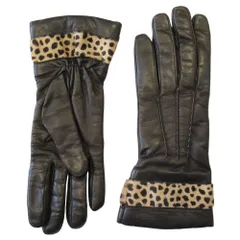 美品 Caridei カリディ ラムレザー ハラコ 切替 グローブ 手袋 ウールライニング レオパード 豹柄 サイズ7.5 ダークブラウン レディース 古着 中古 USED