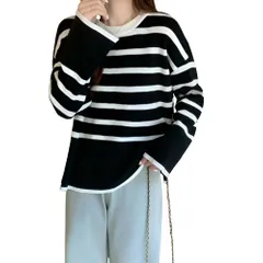[レグエイト] レディース 長袖 ボーダー トップス オーバーサイズ スリット入り トランペットスリーブ クルーネック ゆったり カジュアル 大人 シンプル 着回し 高見え 秋 冬 春 (ブラック×ホワイト) [ブラック/ホワイト]