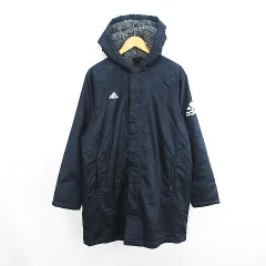 アディダス adidas ベンチコート アウター 長袖 フード ジップアップ ハーフ丈 ロゴ 裏ボア 裏フリース L ネイビー スポーツウェア ※EKM