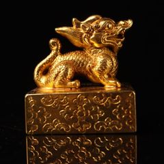 旧家蔵出し 銅製 塗金 神獣獅子型 印章 篆刻 文房具 書道品 供養品 古美術品 収集家