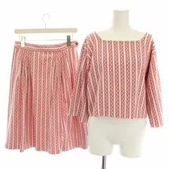 アニエスベー agnes b. セットアップ 上下 カットソー 七分袖 スクエアネック フレアスカート ひざ丈 ストライプ 総柄 2 白 ホワイト 赤 レッド EU90JBZ6 1390JBZ6 /HN