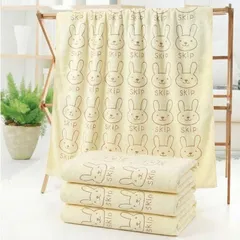 Maatsu バスタオル うさぎ柄 吸水 速乾 マイクロファイバー 大判 70x140cm 大判バスタオル 3枚セット (ベージュ3枚,  大型)