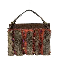 JAMIN PUECH(ジャマンピエッシェ) ハンドバッグ美品  - レッド×ダークブラウン ミニバッグ/ビーズ/ビジュー レザー、ファー
