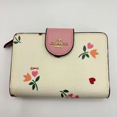 【訳あり美品】COACH コーチ 花柄 ハート ピンク×アイボリー フラワー レザー 二つ折り財布 ウォレット