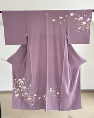 【袷 訪問着  極美品 藤色 友禅 】花柄 約款あり フォーマル 入学式 卒業式 茶会 K-あ-B-139