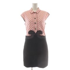 カルヴェン CARVEN ワンピース 36 ピンク 黒 ブラック チェック柄 ノースリーブ カットワークデザイン /AU