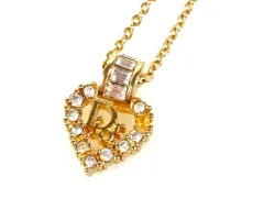 クリスチャン・ディオール　Christian Dior　ロゴ　ハート　ラインストーン　スクエアストーン　ネックレス　ゴールドカラー　送料無料