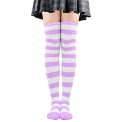 ボーダー ニーハイ ソックス ホワイトxライトパープル㉙ 靴下 オーバーニー サイハイ コスプレ コスチューム
