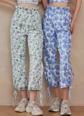 ブルー系フラワー ヨガパンツ ヨガウェア クロップド丈 フィットネス