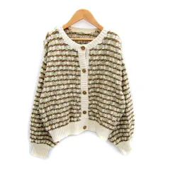 ローリーズファーム LOWRYS FARM ニットカーディガン ミドル丈 ラウンドネック ボーダー柄 ツイード F オフホワイト 茶 /SY21