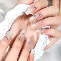 Liberte555 ネイルチップ バレリーナ 3d 韓国 可愛い フレンチ つけづめ つけ爪 シンプル nail (ホワイトシルバーストーン1,  ロング)