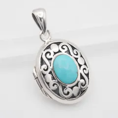 R560 ターコイズ トルコ石 925刻印 ペンダント トップ ロケット 彫刻 デザイン シルバー チャーム ヘッド ヴィンテージ 12月誕生石
