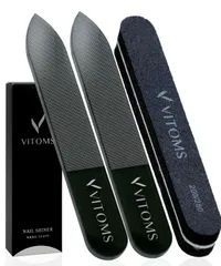 【在庫処分】【TVシューイチで紹介】 VITOMS 爪磨き 爪やすり ガラスネイルシャイナー ブラック 黒 【仕上がりが変わる下処理スポンジ付】 男女兼用 メンズ レディース 艶出し ネイルケアセット ケース付 (スタンダード/ストレート2本セット)