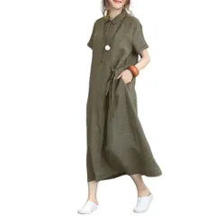 【新着商品】シャツワンピース レディース 夏 綿麻 折り襟 半袖 ロングワンピース 無地 韓国風 ゆったり 通勤 カジュアル 大きいサイズ 全3色 20代 30代 40代 50代