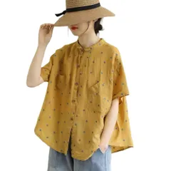 【在庫処分】綿麻風シャツ レディース ブラウス 半袖 シャツブラウス 大きいサイズ 体型カバー トップス おしゃれ 夏 森ガール シンプル ポケット付き ドット柄 可愛い 通勤 カジュアル ゆったり 薄手