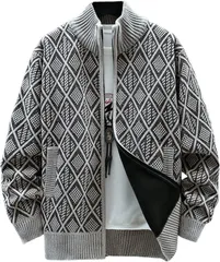 [アスペルシオ] ニットジャケット 秋冬 防寒 ジャンパー 暖かい ハイネック フルジップ ブルゾン アウター メンズ セーター アウトドア カッコイイ フードなし オシャレ 通勤 コート モコモコ 長袖 ストリート スポーツ チェ [アッシュグレー] [L]