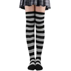 ボーダー ニーハイ ソックス ブラックxグレー④ 靴下 オーバーニー サイハイ コスプレ コスチューム