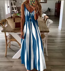 【ブルー】ストライプ ワンピース レディース マキシワンピース ノースリーブ ロングワンピ ロング丈 夏 Vネック 体型カバー リゾート カジュアル 海 旅行