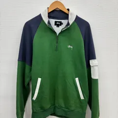 Y105 Stussy ステューシー Track Top Pullover グリーン ネイビー ホワイト M ハーフジップスウェット 裏起毛 ホリデーコレクション 2015 刺繍ロゴ 古着卸 アメリカ仕入