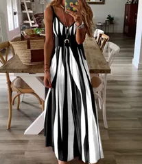 【ブラック】ストライプ ワンピース レディース マキシワンピース ノースリーブ ロングワンピ ロング丈 夏 Vネック 体型カバー リゾート カジュアル 海 旅行