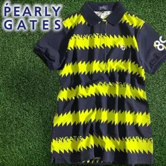PEARLY GATES パーリーゲイツ ゴルフ 日本製 4口カノコ リブ切替 ギザギザボーダー柄 総柄 半袖 ポロシャツ ゴルフウェア レディース 055-2160602 定価2万 ネイビーブラック イエロー▲023▼50401w03