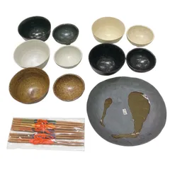 【長】新品未使用 和食器セット 陶器 中皿×1枚 箸×5膳 茶碗×5個 小鉢×5個【1135KM】C06
