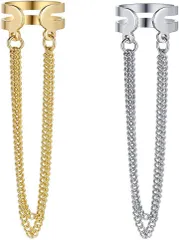 AREUM イヤーカフ 垂れ下がり チェーン 耳たぶ 軟骨 シルバー ゴールド お洒落 クリップタイプ 耳飾り アクセサリー (シルバー＆ゴールド 2つ入り)