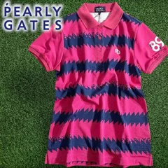 PEARLY GATES パーリーゲイツ ゴルフ 日本製 4口カノコ リブ切替 ギザギザボーダー柄 総柄 半袖 ポロシャツ ゴルフウェア レディース 055-2160602 定価2万 ピンクレッド ネイビー ▲023▼50401w02