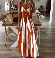 【オレンジ】ストライプ ワンピース レディース マキシワンピース ノースリーブ ロングワンピ ロング丈 夏 Vネック 体型カバー リゾート カジュアル 海 旅行
