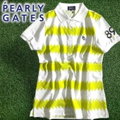 PEARLY GATES パーリーゲイツ ゴルフ 日本製 4口カノコ リブ切替 ギザギザボーダー柄 総柄 半袖 ポロシャツ ゴルフウェア レディース 055-2160602 定価2万 ホワイト ライムイエロー ▲023▼50401w01