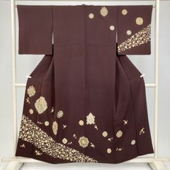 D875 色留袖 総刺繍 金駒刺繍 花丸文 紫 一つ紋 正絹 着物 袷 極美品