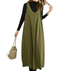 [Elixio] [エリクシオ] ワンピース ジャンパースカート ジャンスカ ロング レディース ルームウェア Vネック マキシ丈 体型カバー ゆったり 大きいサイズ レイヤード 秋 冬 (JP, アルファベット, M, グリーン) [グリーン] [M]