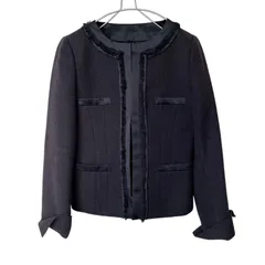 【美品】UNTITLED アンタイトル ツイードノーカラージャケット ラメ ネイビー サイズ2【ZK99】