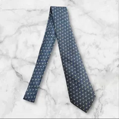 エルメス ネクタイ シルク100% ブルー 総柄 フランス製 HERMES
