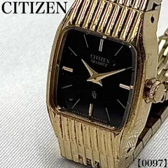 稼働品 Working item シチズン CITIZEN 腕時計 メンズ Men's クォーツ Quartz 8300-830455 KA ヴィンテージウォッチ ブラック文字盤 ゴールドケース スクエア レトロ アンティーク 希少デザイン  0097