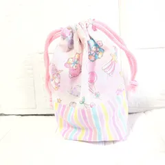 ハンドメイドコップ袋☆ピンクゆめかわユニコーン×カラフルストライプ☆18×15