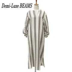 Demi-Luxe BEAMS デミルクスビームス ストライプボリュームスリーブワンピース 36 ベージュ系