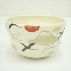 京焼　八木海峰造　日の出鶴富士茶碗  茶道 抹茶 おしゃれ 抹茶茶碗 抹茶碗 和食器 レトロ 茶器 骨董 茶わん 茶会 茶の湯 1月 冬